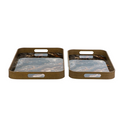 Two rectangular serving trays with cutout handles, featuring a brown wood-look frame and a blue-gray marble-patterned interior, shown on a plain white background.