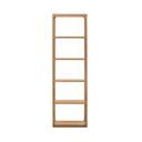 A minimalist oak wood skinny bookshelf with a natural finish, featuring clean lines and a simple design.